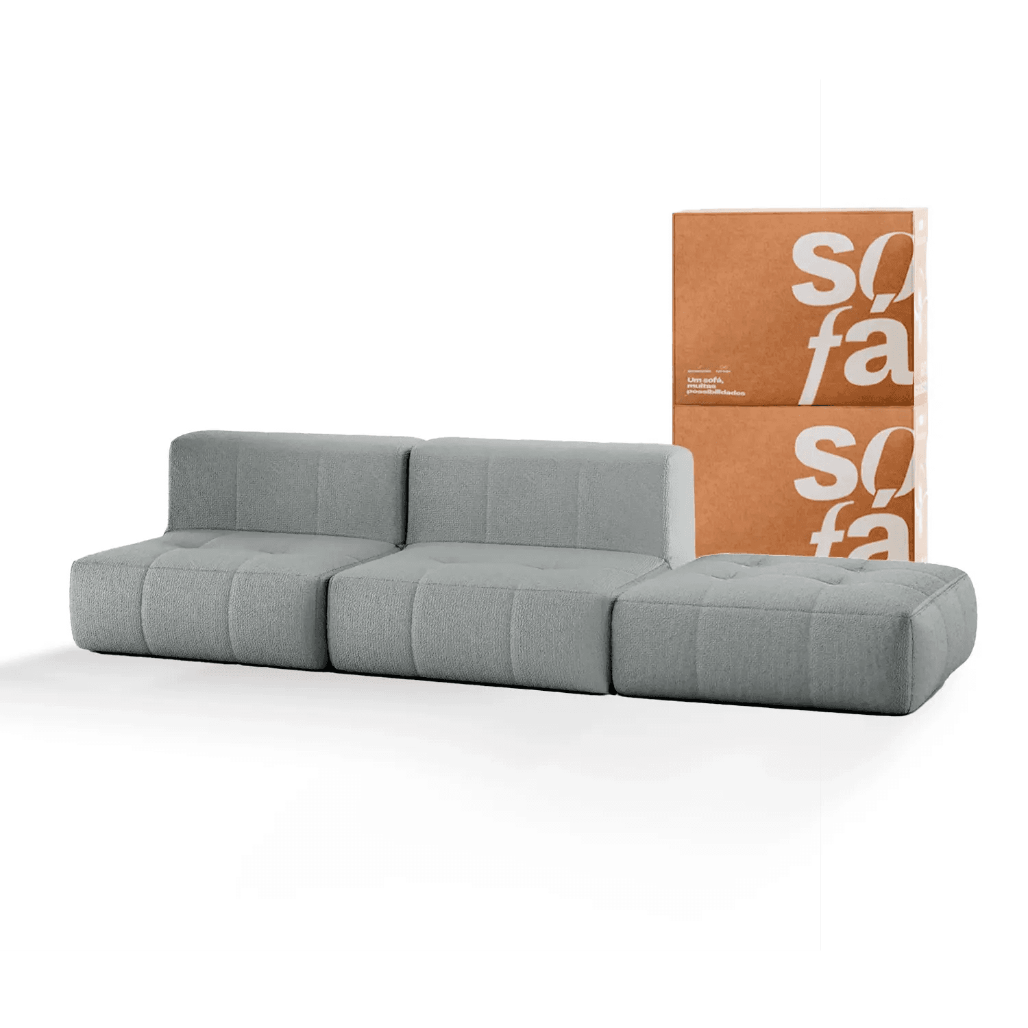 Sofá na Caixa modular 2 lugares em Boucle - 2 Poltronas com Apoio de pé - Cinza