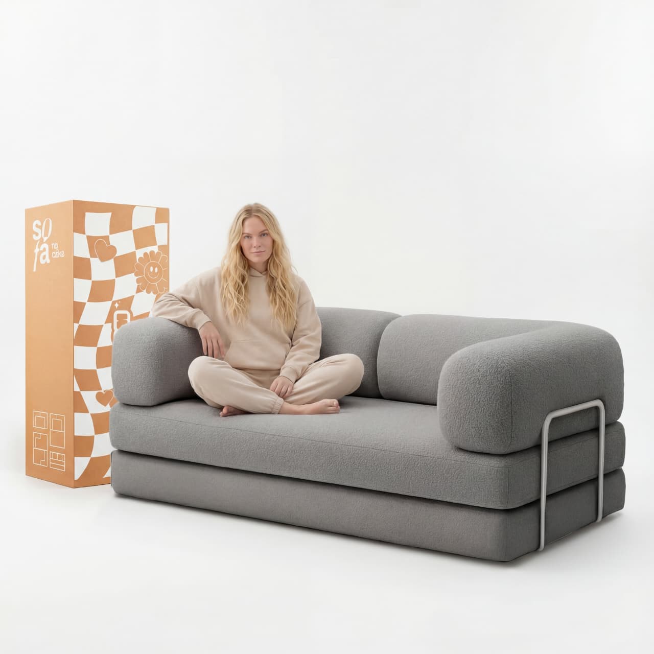 Sofá Cama Bloom Tecido Boucle Cinza - Sofá na Caixa