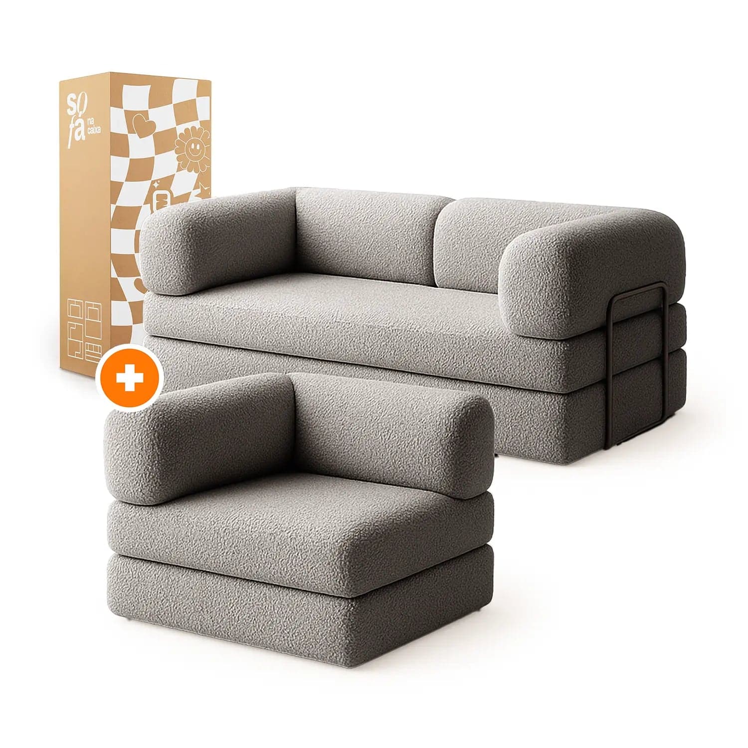 Sofá Cama Bloom - Sofá na Caixa + Poltrona Bloom Tecido Boucle Cinza