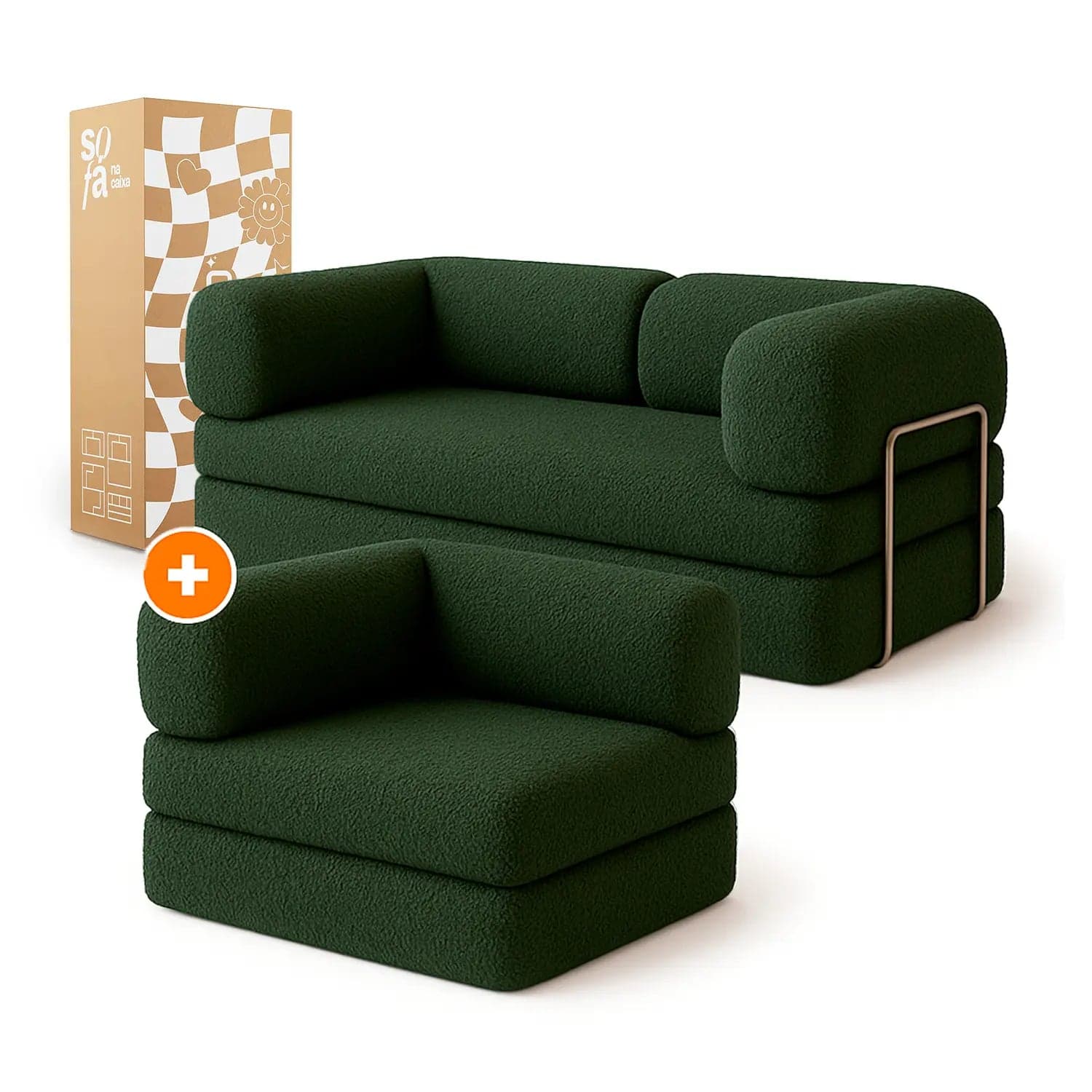 Sofá Cama Bloom - Sofá na Caixa + Poltrona Bloom Tecido Boucle Verde Musgo