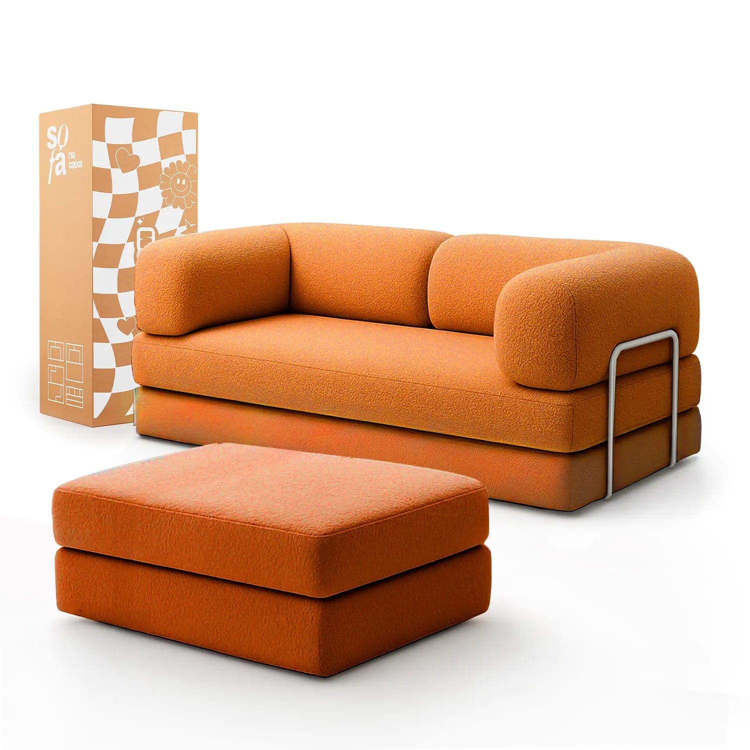 Sofá Cama Bloom - Sofá na Caixa + Apoio de Pé Bloom Tecido Boucle Laranja