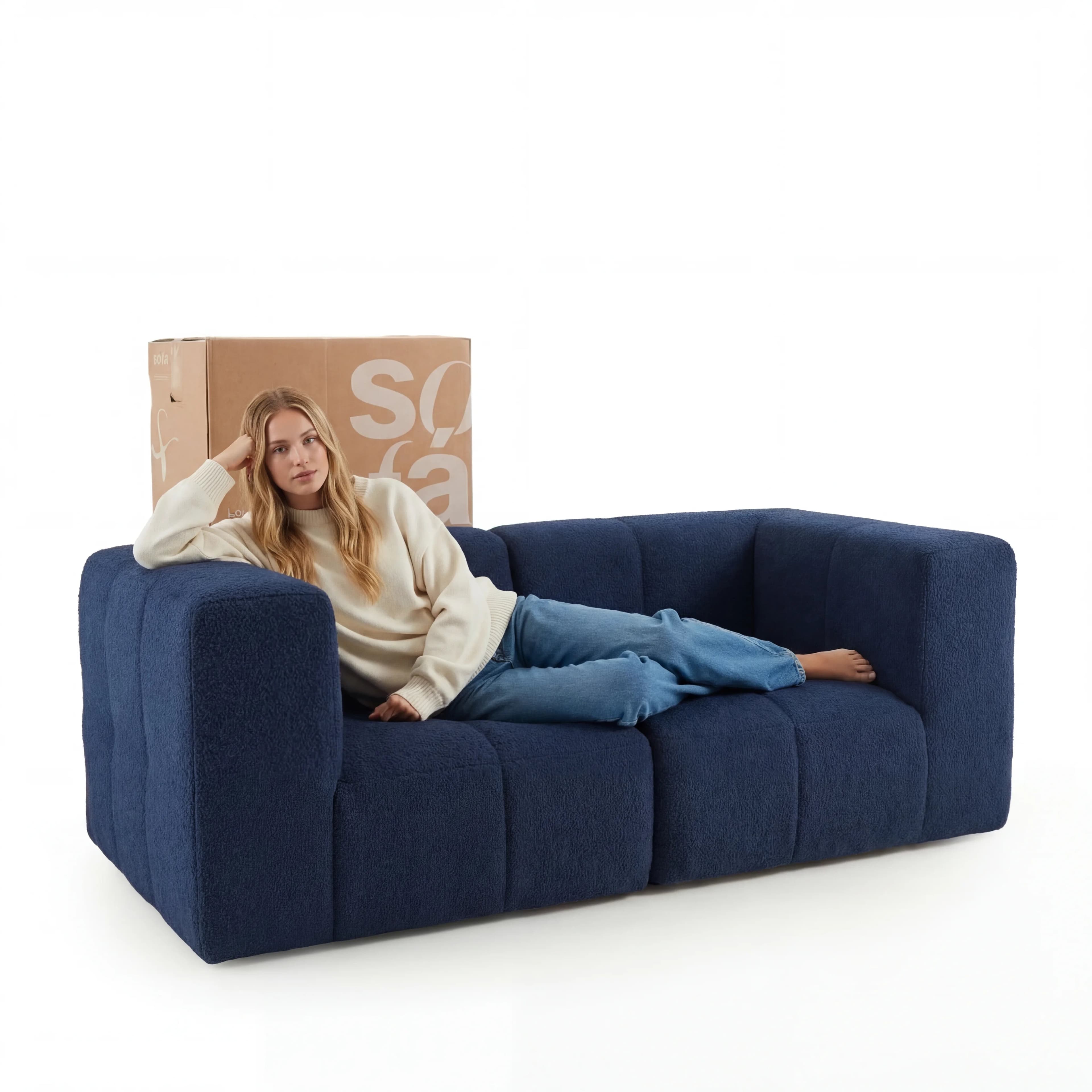 Sofá na Caixa modular 2 lugares em Boucle - Azul