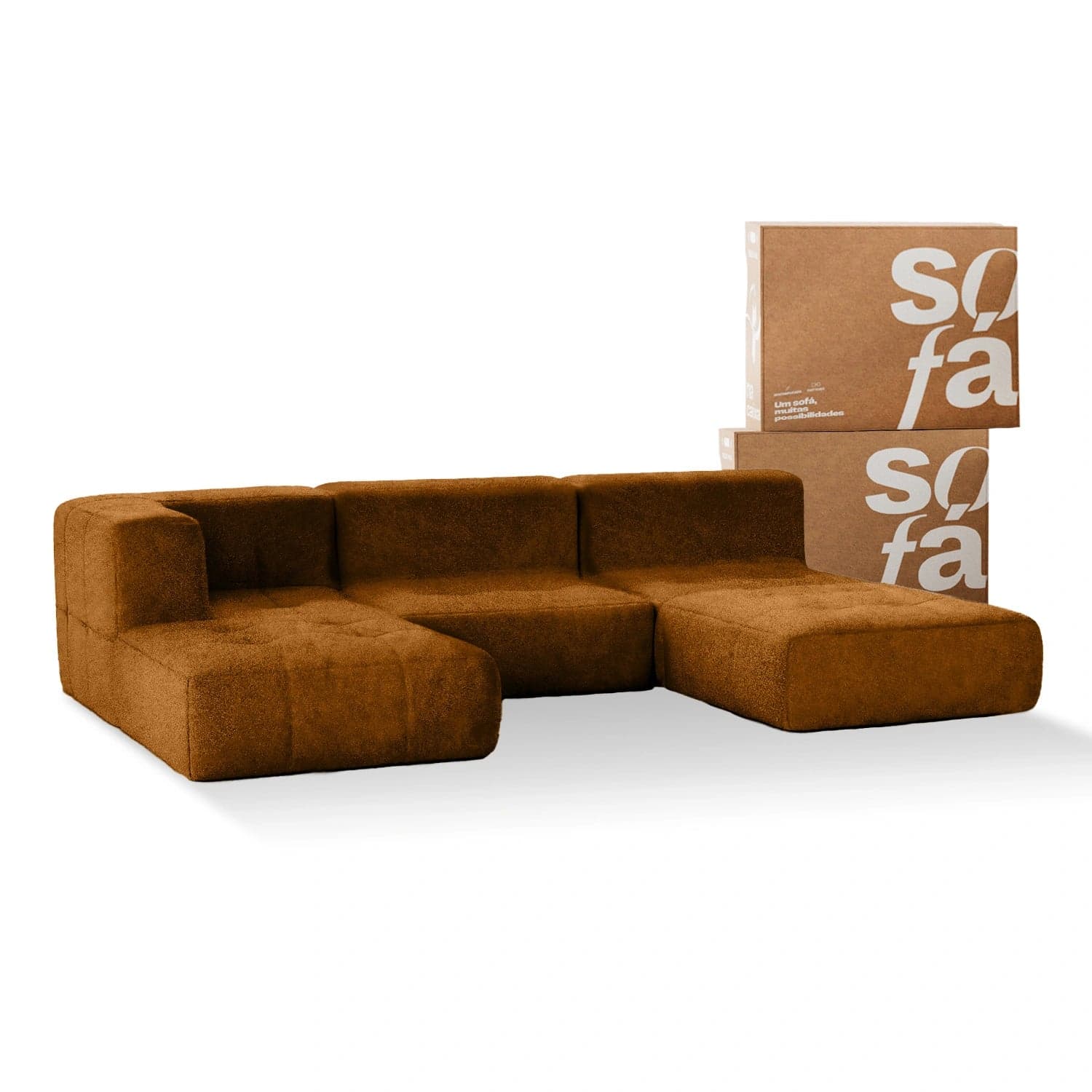 Sofá na Caixa modular 3 lugares Poli-Couro Marrom - 1 Braço com 2 Chaises