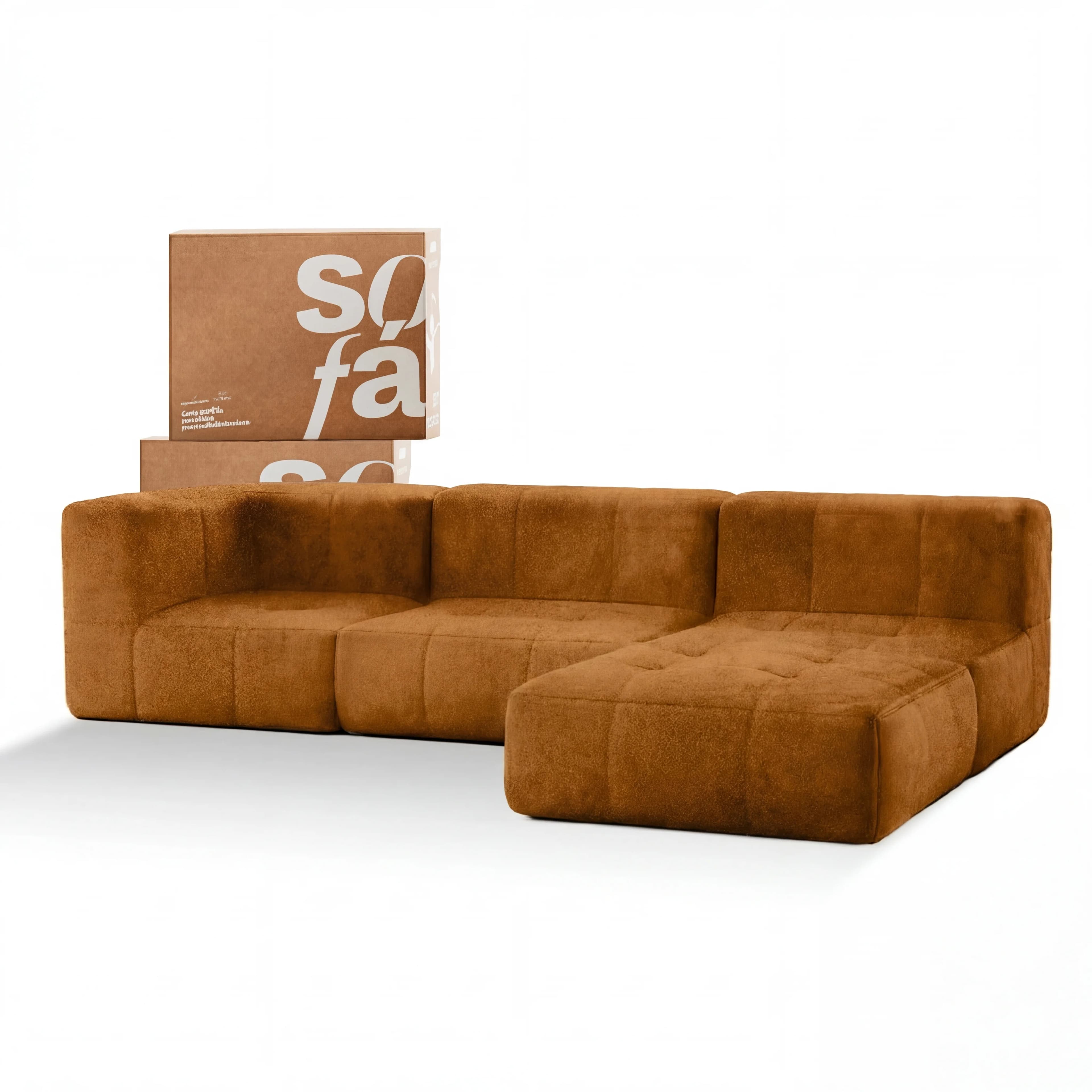 Sofá na Caixa modular 3 lugares Poli-Couro Marrom - 1 Braço com Chaise