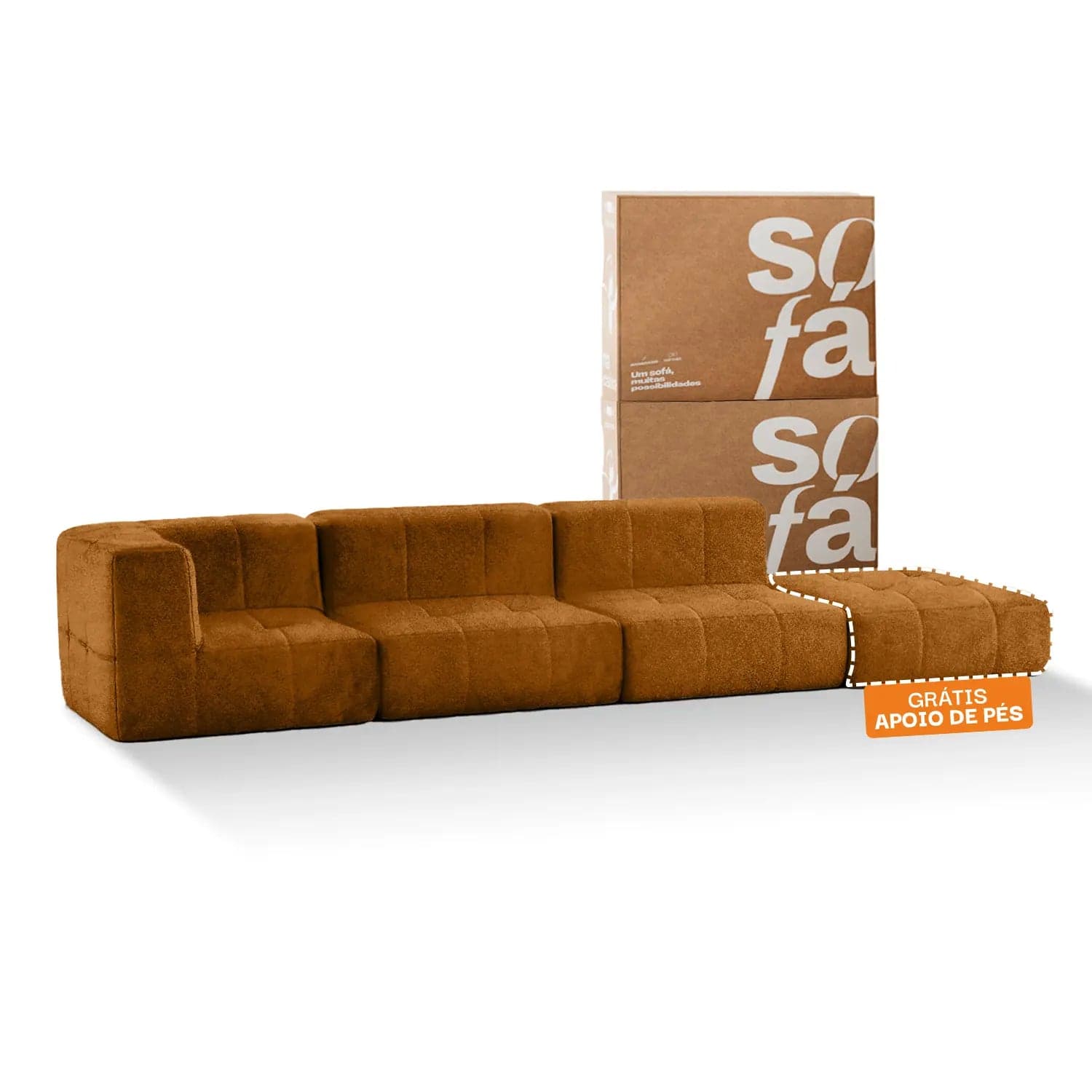 Sofá na Caixa modular 3 lugares Poli-Couro Marrom - 1 Braço com Chaise