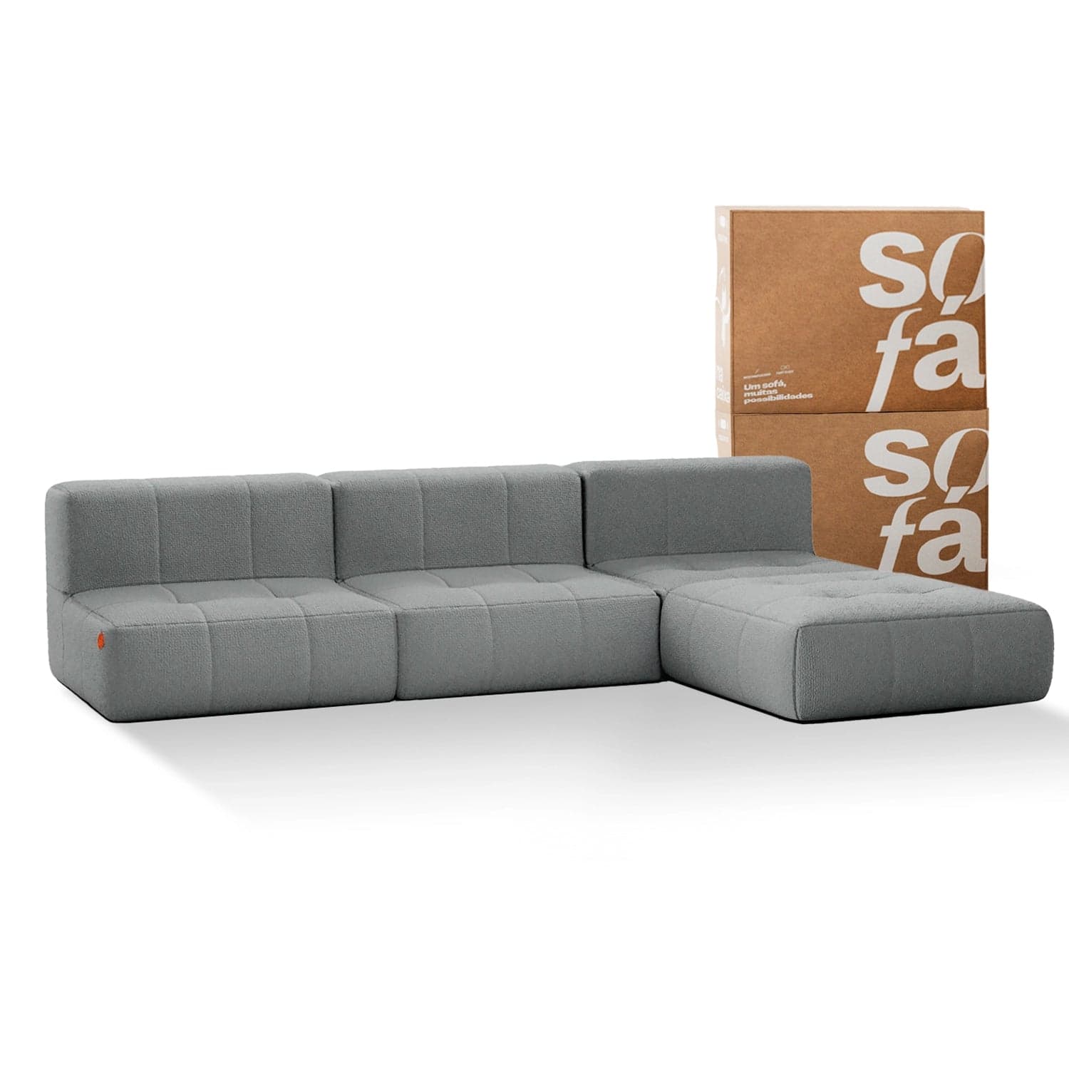 Sofá na Caixa modular 3 lugares em Boucle sem braço com chaise - Cinza