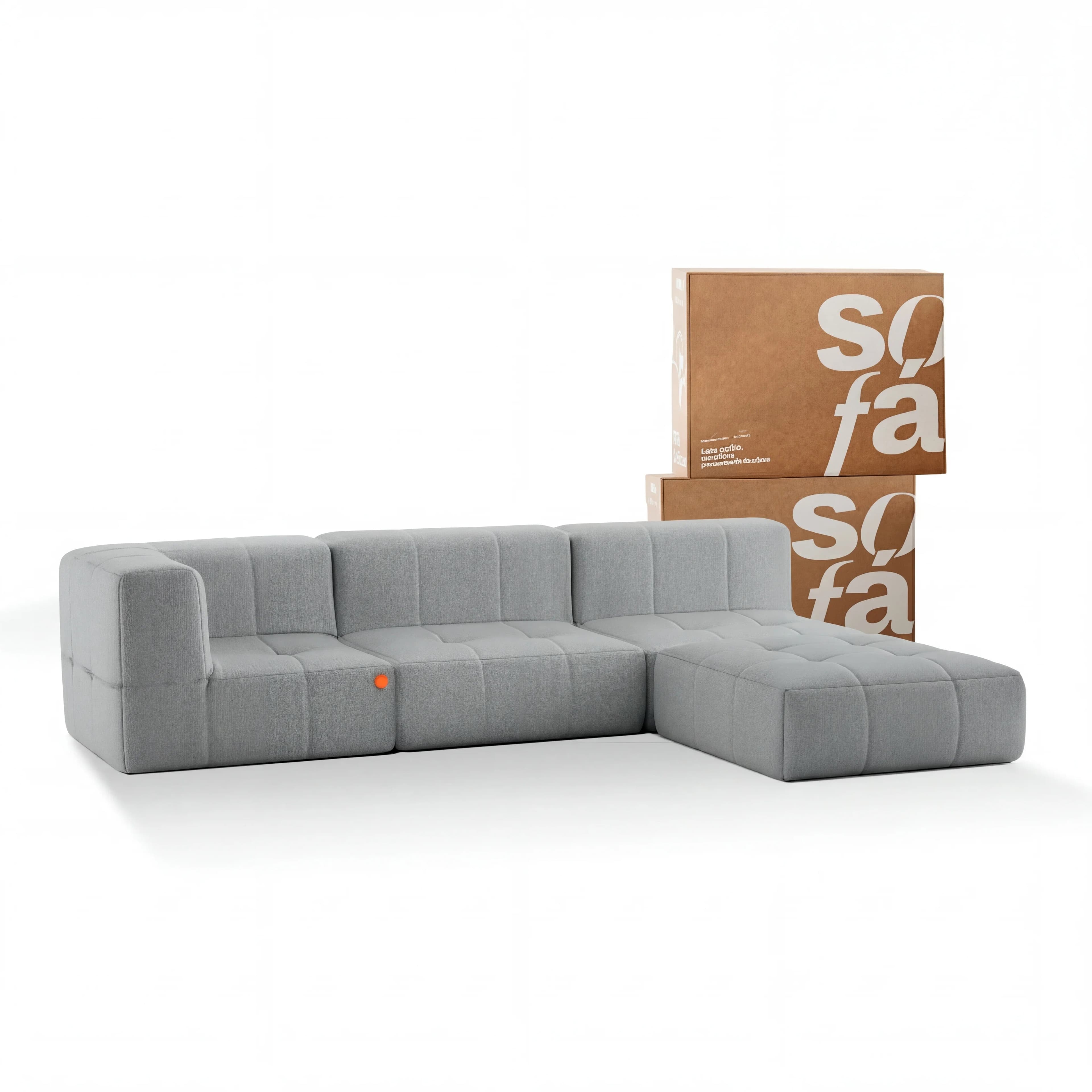 Sofá na Caixa modular 3 lugares em Boucle - 1 Braço com Chaise - Cinza
