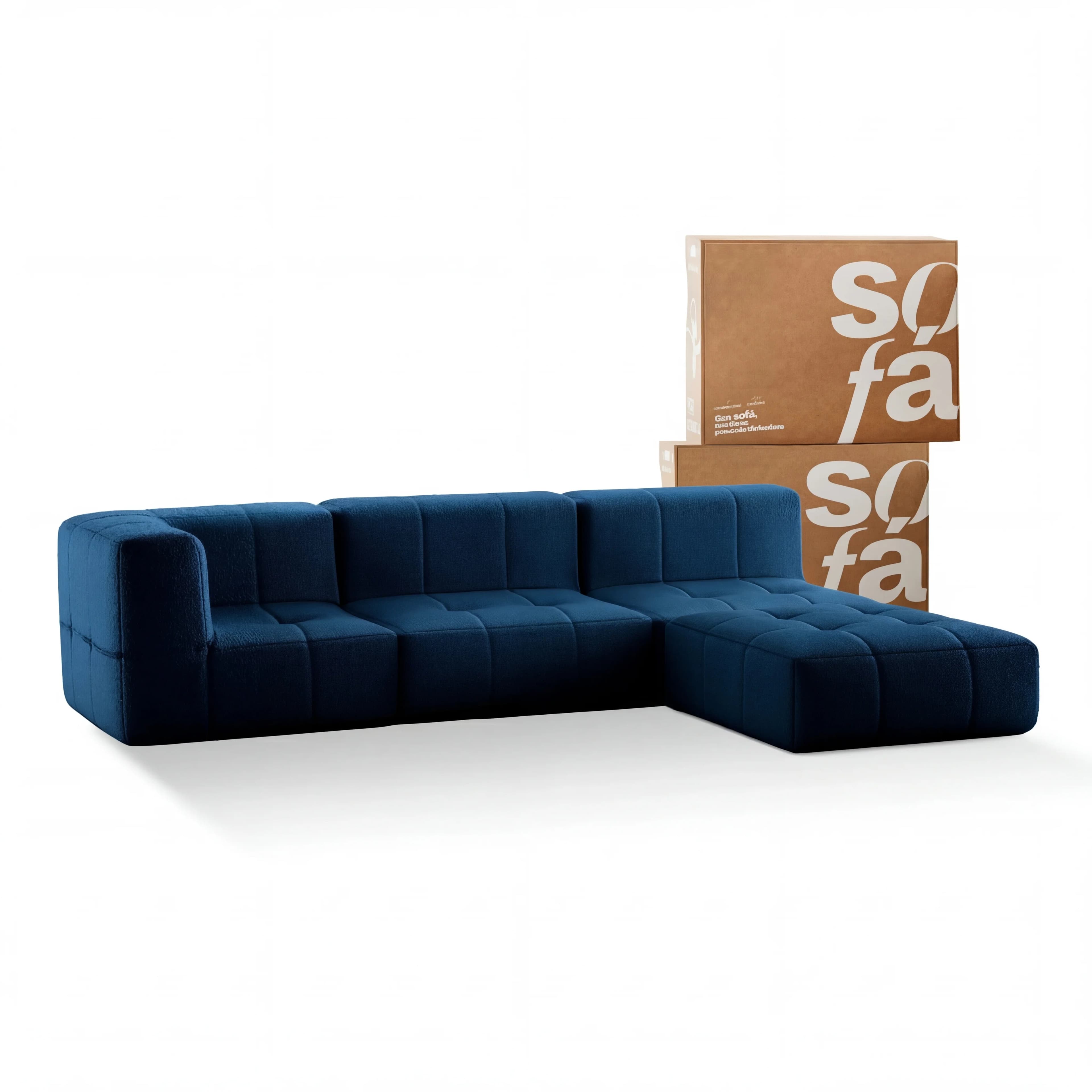 Sofá na Caixa modular 3 lugares em Boucle - 1 Braço com Chaise - Azul
