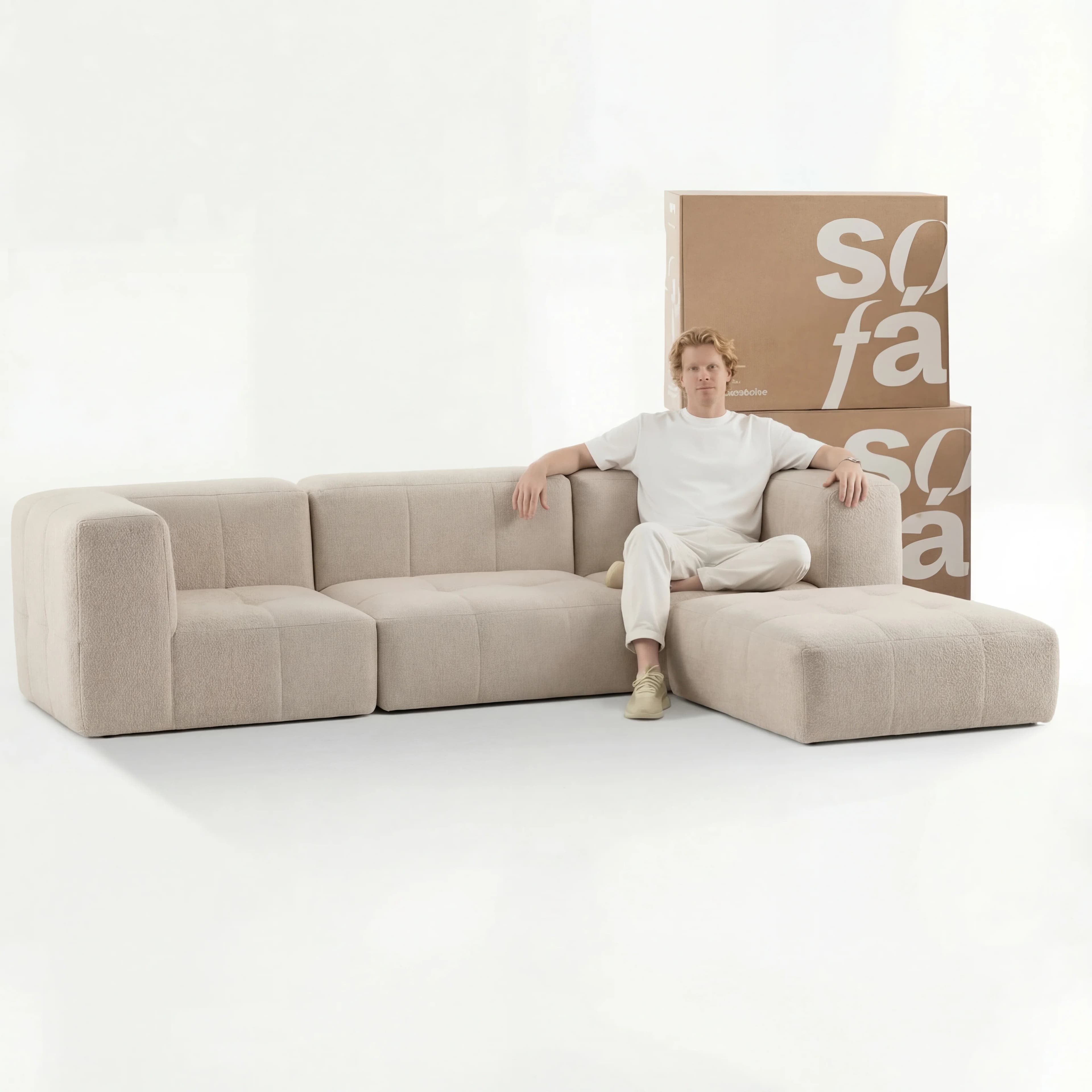 Sofá na Caixa modular 3 lugares em Boucle com Apoio de pé - Linho