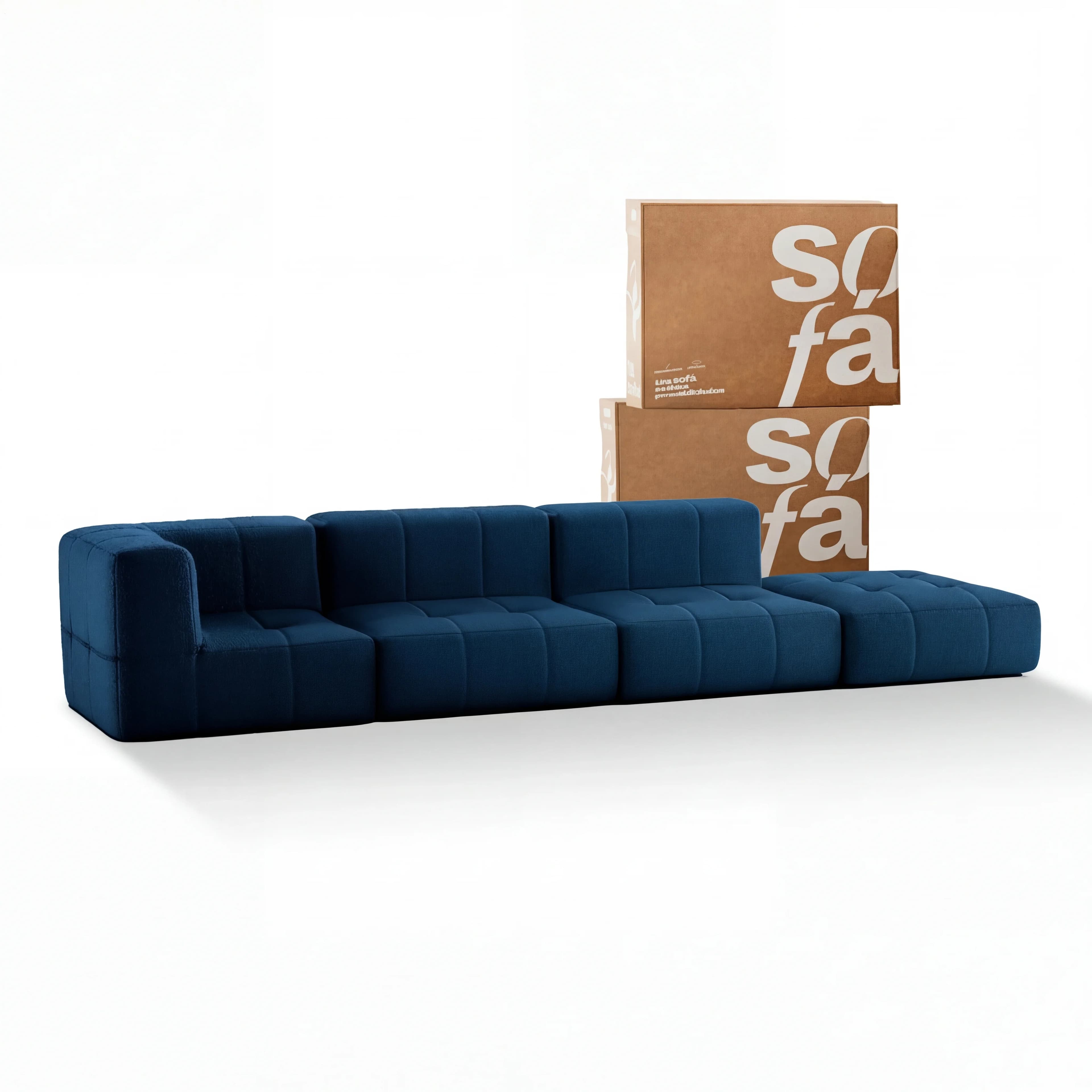 Sofá na Caixa modular 3 lugares em Boucle - 1 Braço com Chaise - Azul