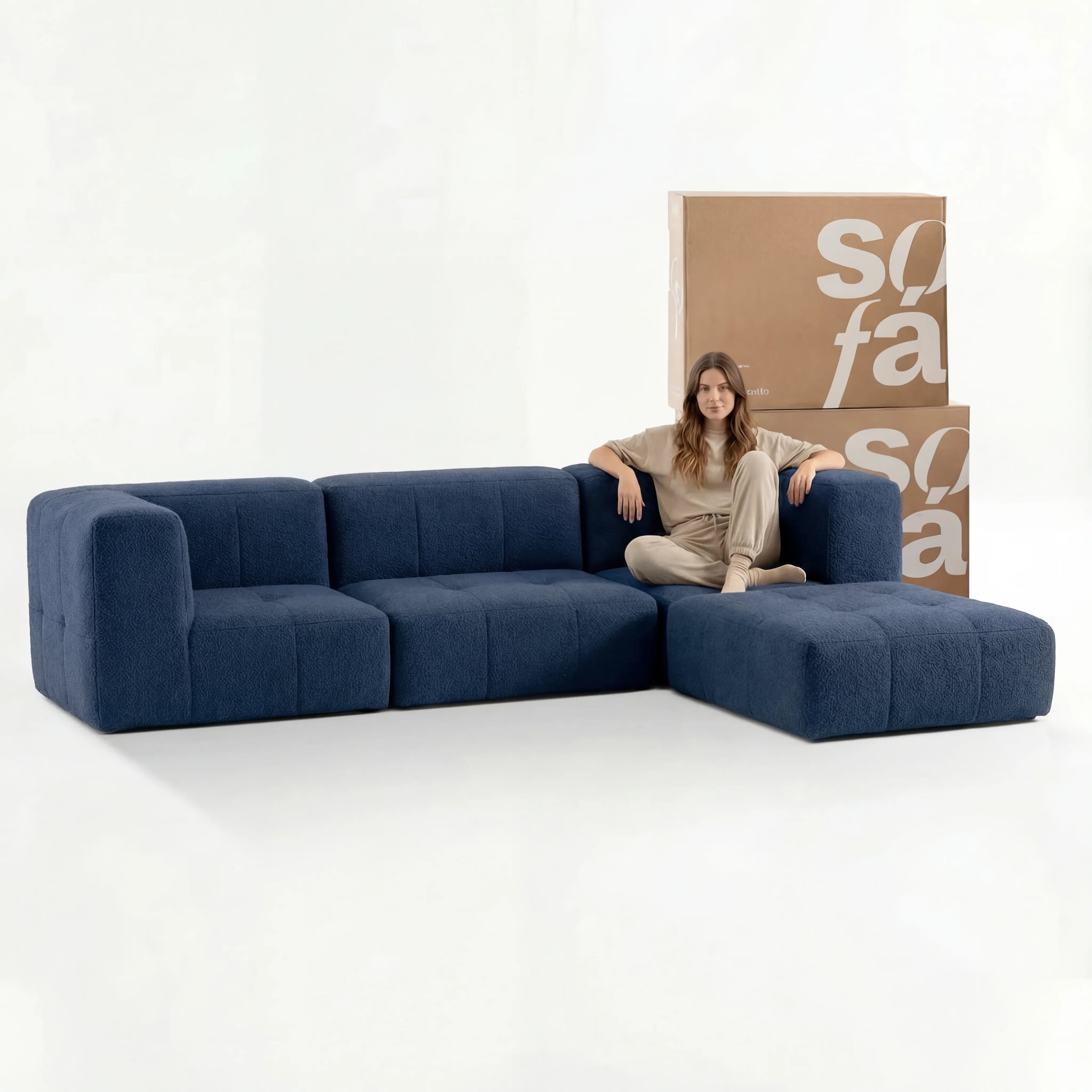 Sofá na Caixa modular 3 lugares em Boucle com Apoio de pé - Azul