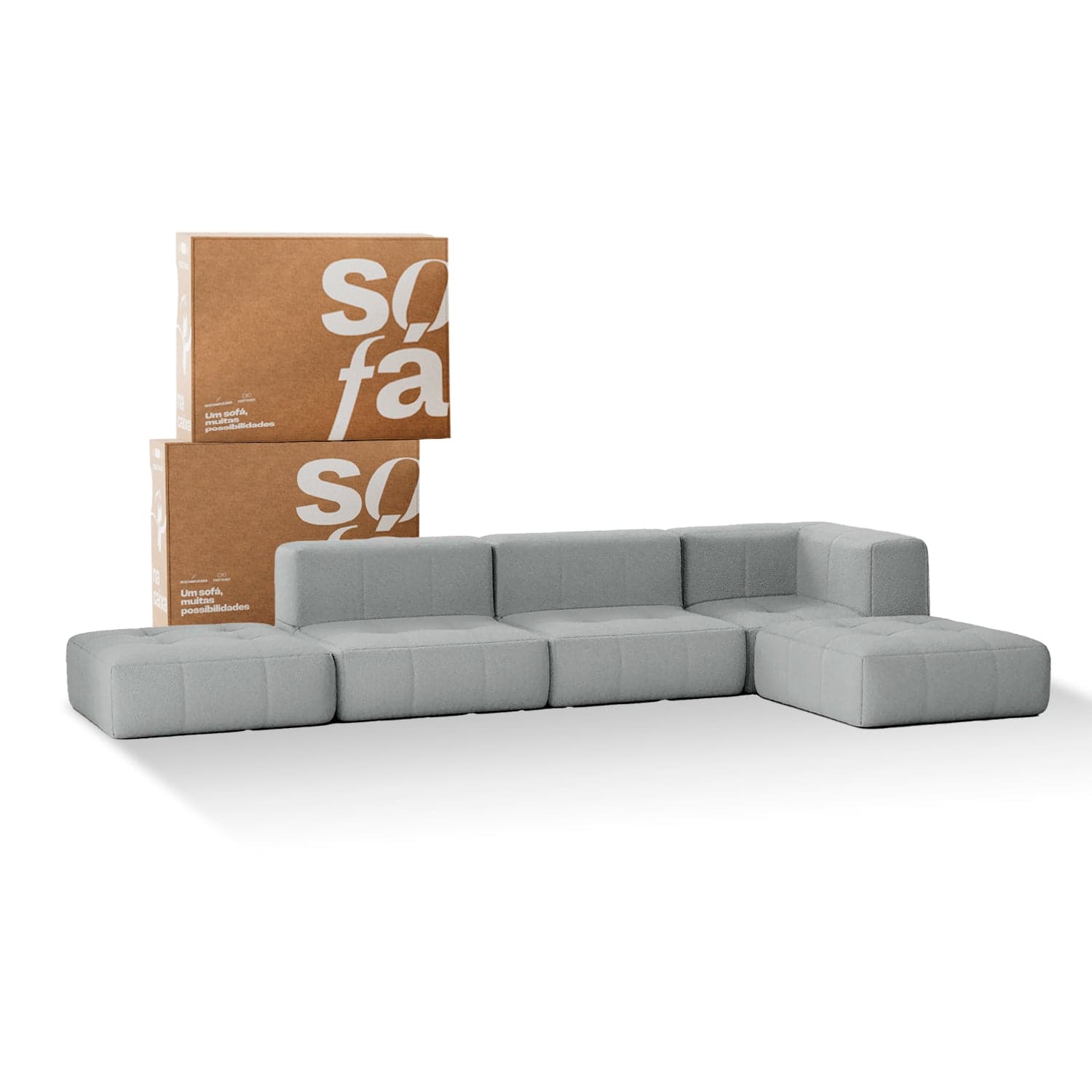Sofá na Caixa modular 3 lugares em Boucle - 1 Braço com 2 Chaises - Cinza